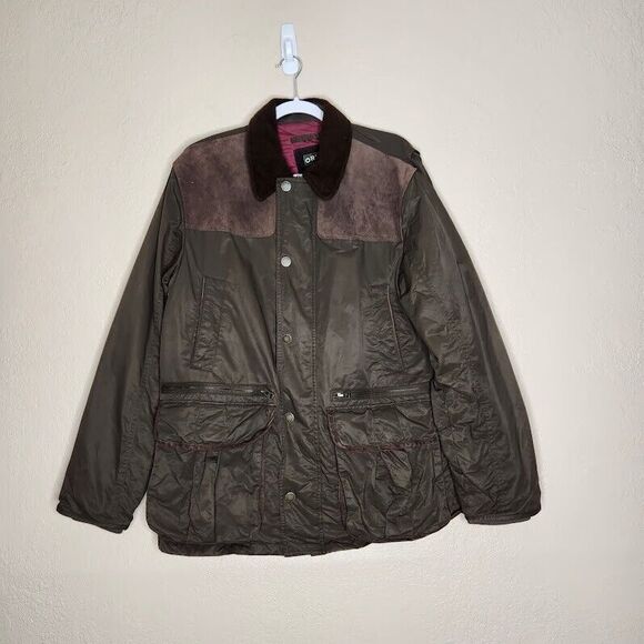 Orvis Hunting Ranch Coat Jacket Men's Medium Olive Green Leather Waxed Cotton